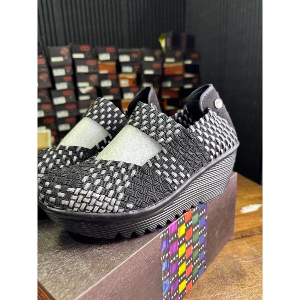 Bernie Mev Lulia Black Reflective Woven Wedge Shoes Size 37 US 6.5-7